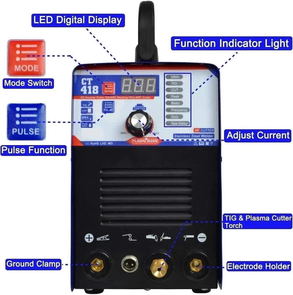 CT418 3-in-1 Combo Pulse TIG/MMA Welder &Plasma Cutter Stick Welding Machine