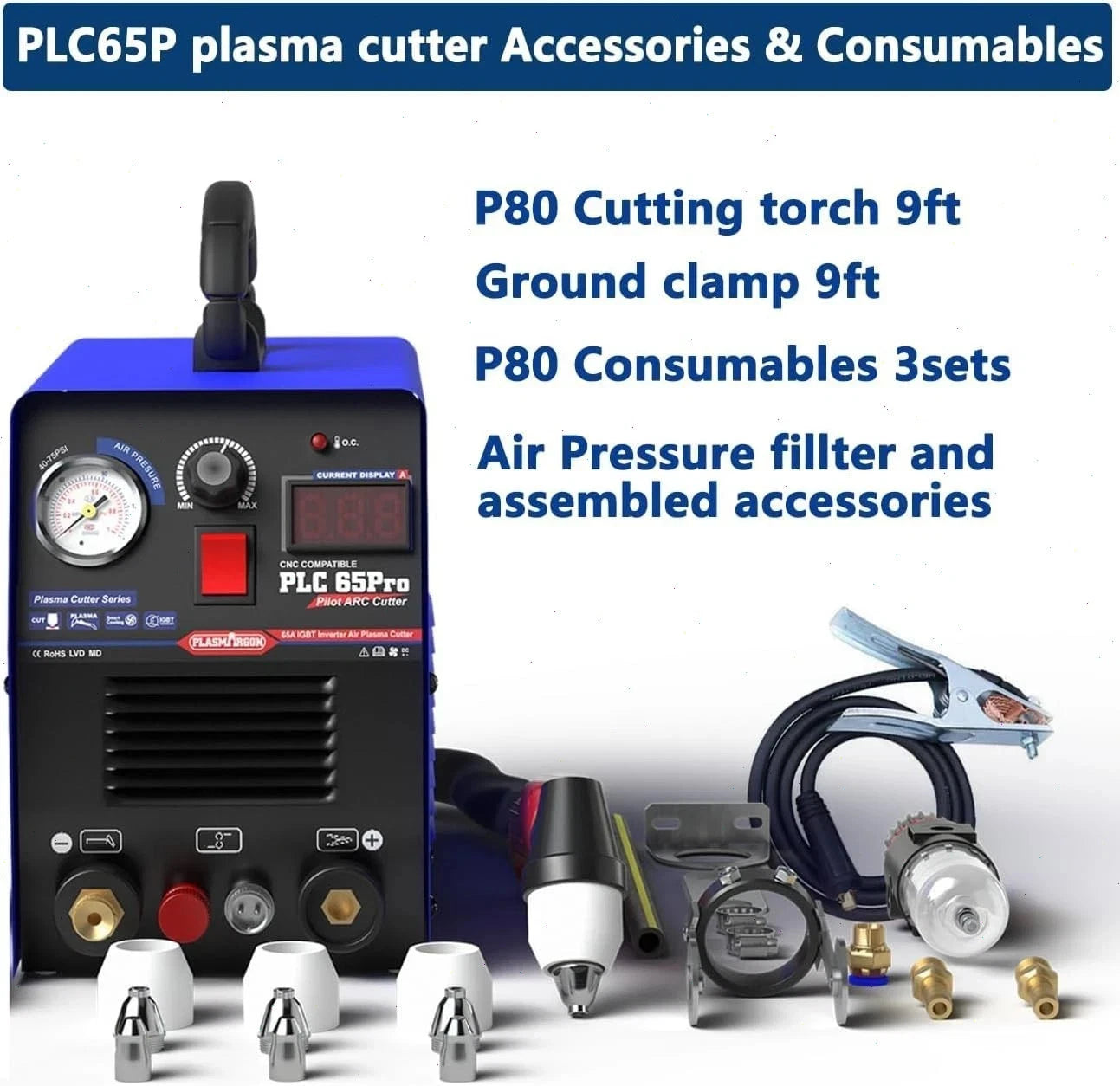 CUT65Pro 110V/220V 65A Plasma Cutter IGBT Inverter Pilot Arc LED 18mm Clean Cuts