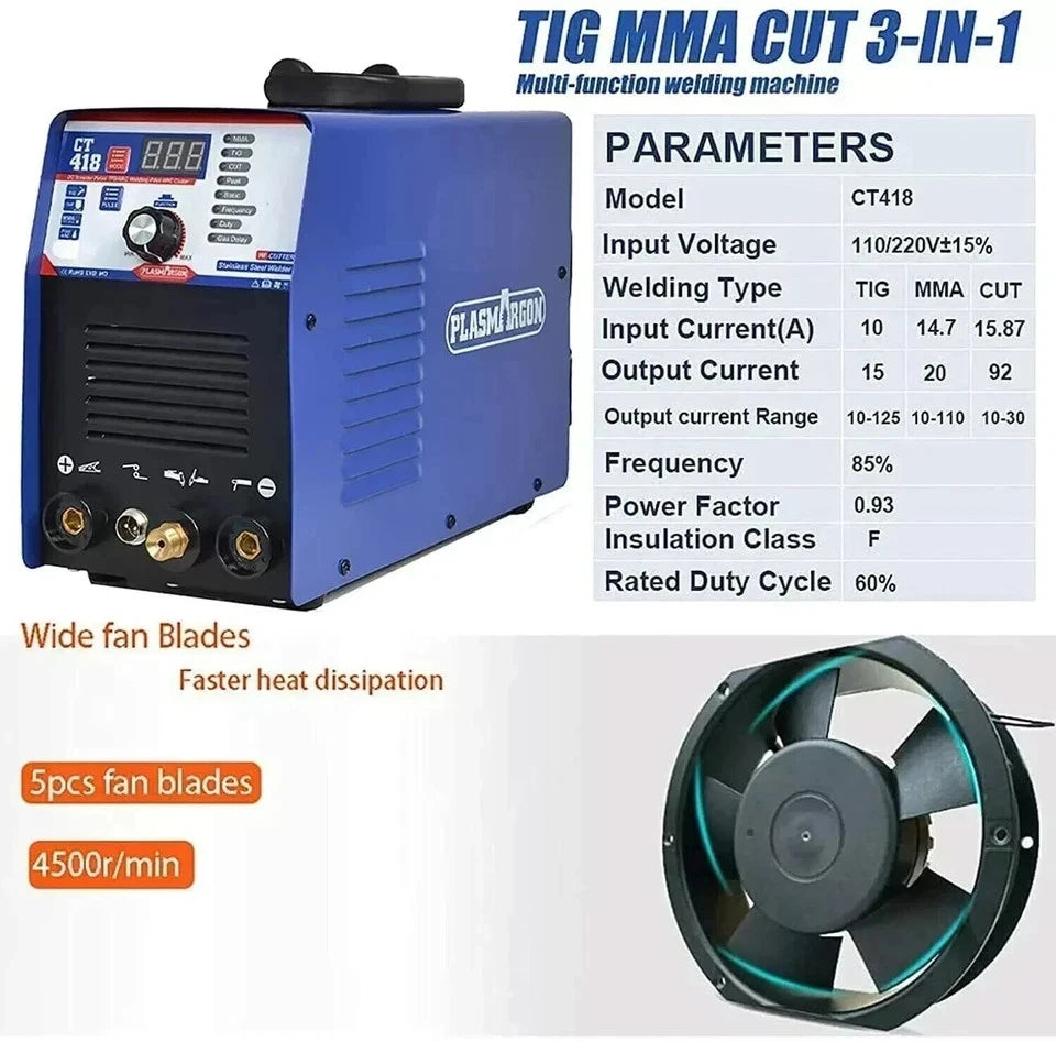 CT418 3-in-1 Combo Pulse TIG/MMA Welder &Plasma Cutter Stick Welding Machine