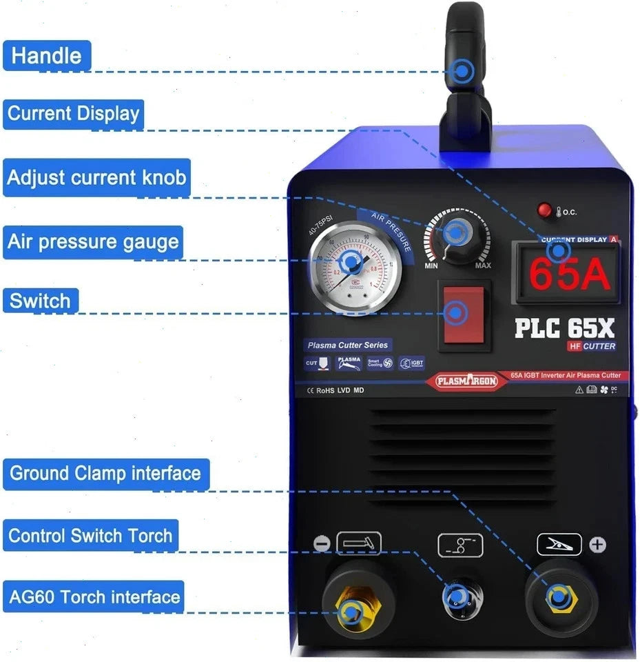 PLC65 110V/220V 65A Plasma Cutter Machine Pilot Arc IGBT Inverter LED Display