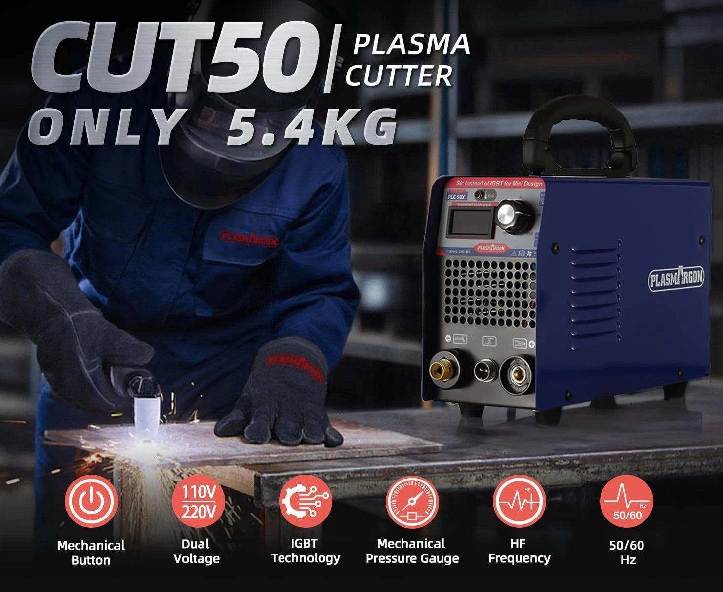 CUT50 110V/220V 50A Plasma Cutter Sic Mosfet 10mm'' Clean Cuts LED Display