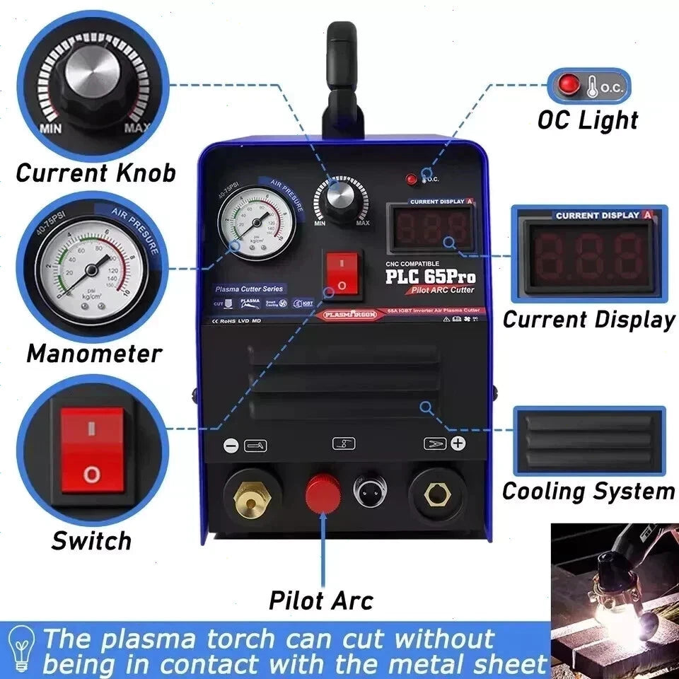 CUT65Pro 110V/220V 65A Plasma Cutter IGBT Inverter Pilot Arc LED 18mm Clean Cuts