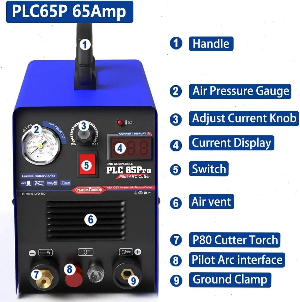 CUT65Pro 110V/220V 65A Plasma Cutter IGBT Inverter Pilot Arc LED 18mm Clean Cuts